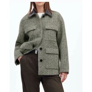 Madewell Wm's Leather Collar Flap-Pocket Field Jacket In Grey Tweed Size Large